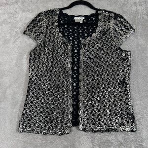 Alberto Makali Women's Vest Medium Black Silver Beaded Crocheted Short Sleeve‎